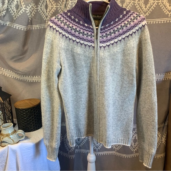 Eddie Bauer Classic Zip Cardigan Sweater SzM Grey&Purple Lambs Wool & Angora - Picture 1 of 7